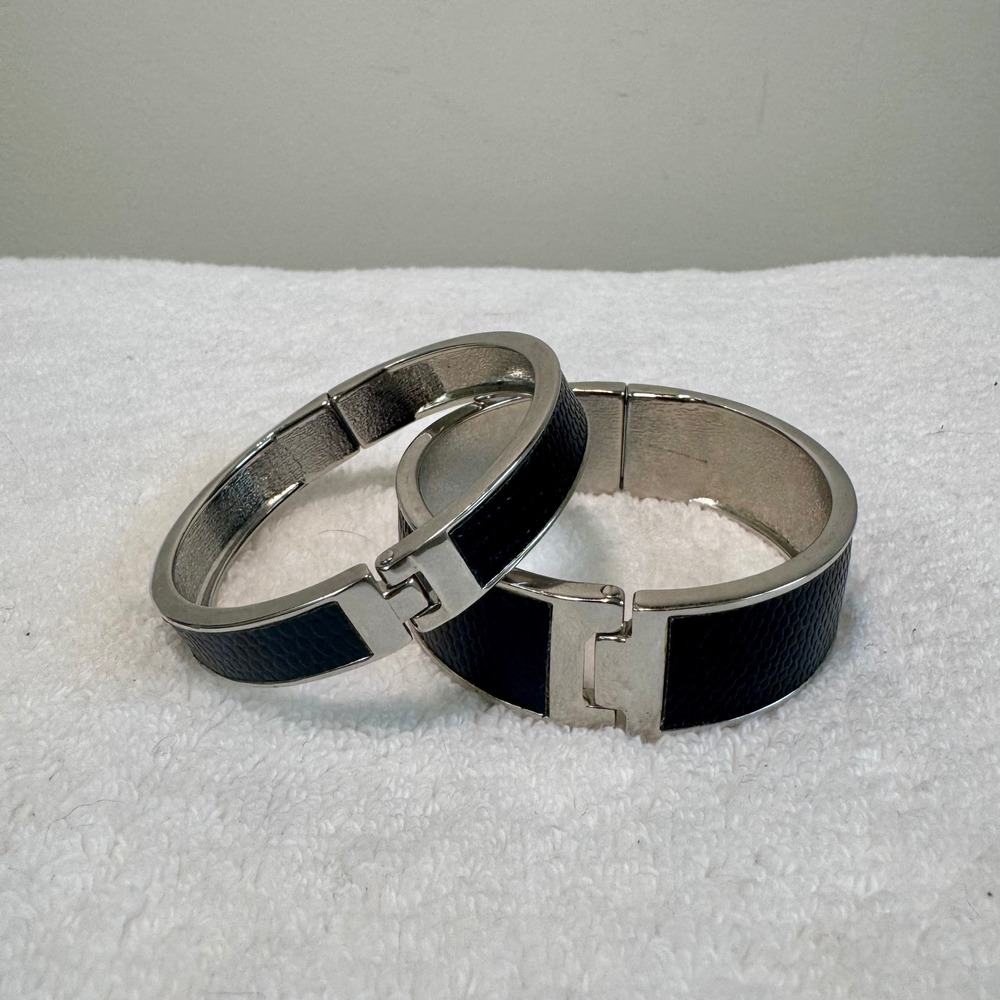 Set of 2 Silver Tone Black Faux Leather Hinged Bangle Cuff Bracelets Stackable